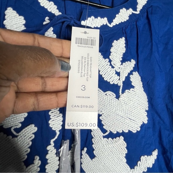 NWT Chico’s Embroidered Belladonna Blue Peasant Top 3/4 Sleeves Size 3 (XL/16) - Picture 6 of 15
